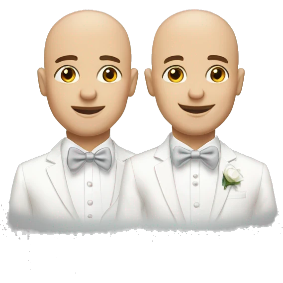 two male grooms in white one bald emoji