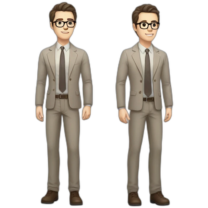 Full height Pale skinned fit man with dark brown hair in gray jacket, beige office shirt, brown tie, brown pants and vintage glasses. His right hand stretched out emoji