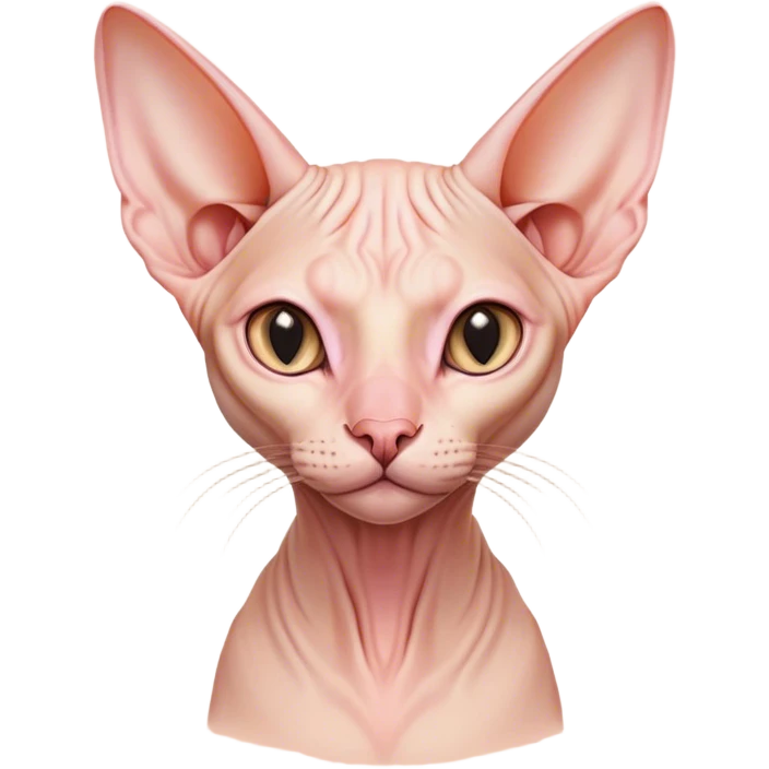 Cinematic Noble Sphynx Cat Portrait Emoji, Poised and regal, with smooth, hairless skin in warm peach and soft pink tones, striking large ears and intense almond-shaped eyes, Simplified yet sharp and sophisticated features, highly detailed, glowing with a soft, dignified glow, high shine, intelligent and graceful, stylized with an air of elegance, focused and attentive, soft glowing outline, capturing the essence of a watchful and refined feline, so majestic it feels as though it could glide across the screen with effortless confidence! emoji