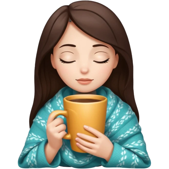 brunette girl wrapped in a cozy blanket, holding a coffee mug, eyes closed emoji