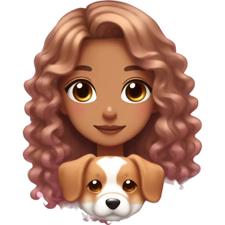 TAN SKIN GIRL WITH LONG BROWN CURLY HAIR AND A CORGI pink kawaii shiny blushing cute kawaii pastel anime trending style pink pastelcore emoji