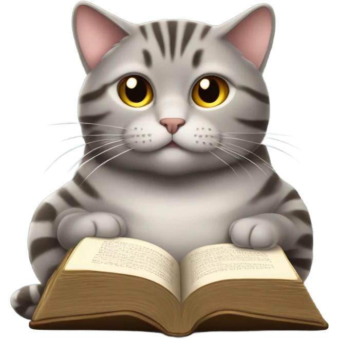 chubby gray tabby cat with golden stomach reading Bible emoji