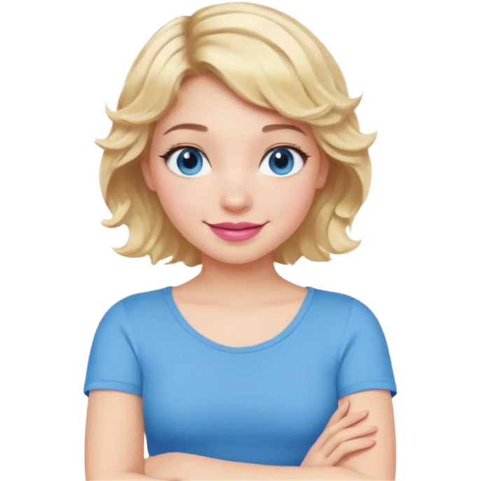 Girl Blonde short wavy hair,  blue eyes, cute blue top, long lashes, pink lips, smiling, cross arms  emoji