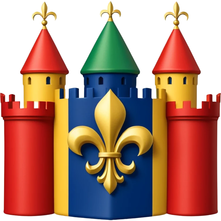 Louisiana Creole flag in 4 boxes: gold fleur-de-lis on deep blue/black; green, yellow, red stripes in upper right and lower left with green star in upper right; yellow castle on red in lower right. Flat vector, clean, high contrast, clear at small size. emoji