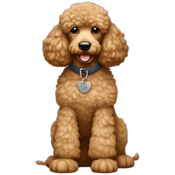 Light brown poodle seated and wearing a t-shirt of Eddie Vedder face printed emoji