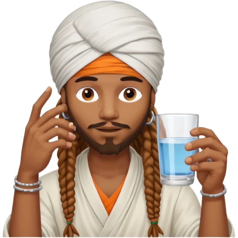 Brownskin man with long dreadlocks add a white turban on his head orange shirt drinking  emoji