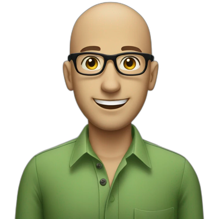 smiling jewish man with shaved head in rectangular black glasses and green button up shirt emoji