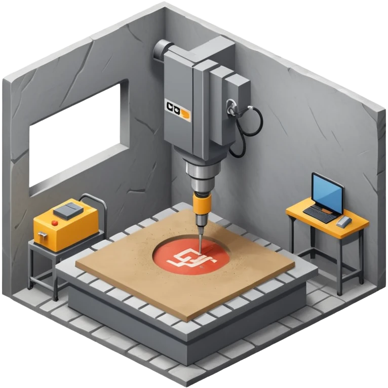 cnc machien curtting stone slab standing in a warehouse with human isometric view emoji