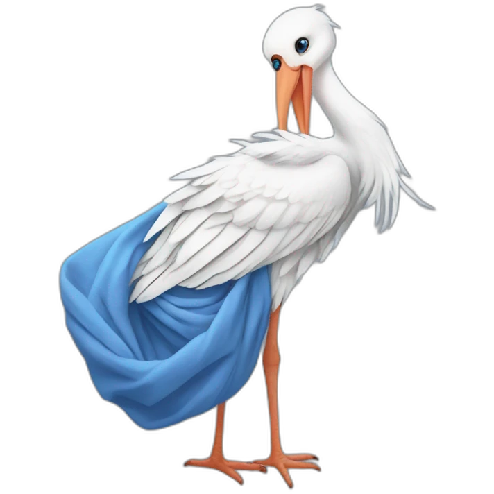 White stork carrying a blue bundle of cloth in its big beak that has a cute human person cute baby boy inside and his head is peeking from the fabric the strok is carrying in its beak emoji