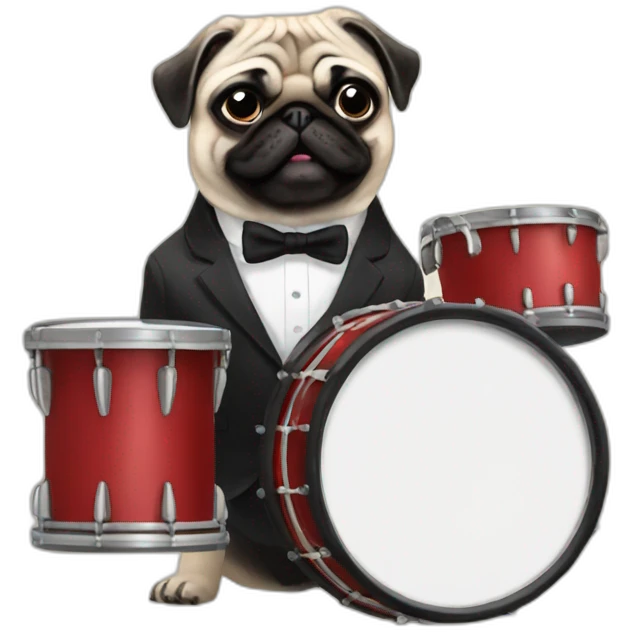 Pug with bow tie and suit playing drums emoji