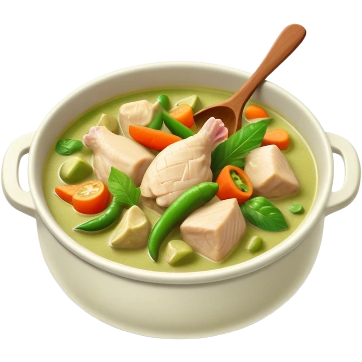 Green Chicken Curry Cinematic Realistic Green Chicken Curry Dish Emoji, depicted as tender chicken chunks simmered in a fragrant green curry sauce with vegetables, rendered with vivid textures and dynamic, vibrant lighting. emoji