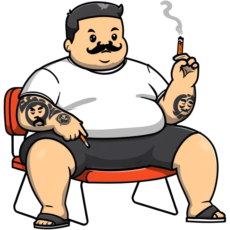 Overweight man sitting back in chair with legs spread, holding cigarette, exposed belly, round face, very short black hair (not bald), short beard with mustache, black t-shirt with light stripes on top, black shorts, arms covered in black line tattoo patterns on forearms and shoulders emoji