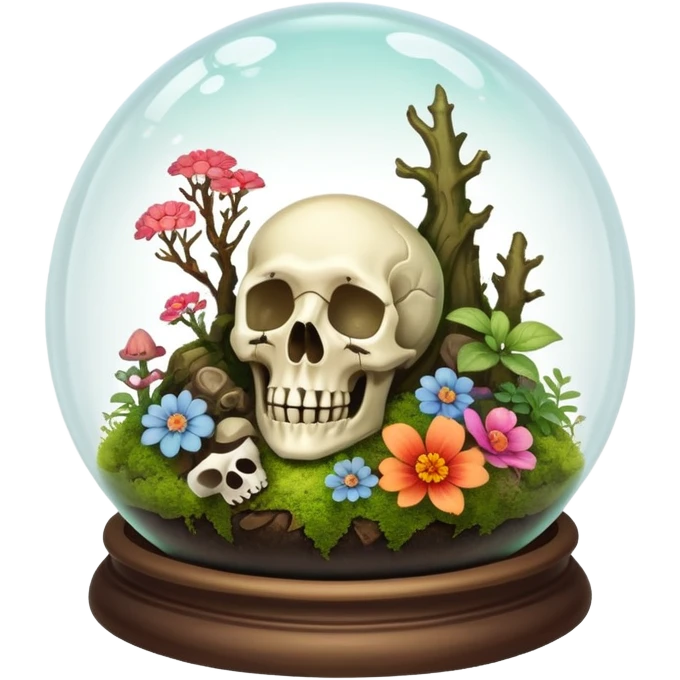Mystical woodland glass-dome-terrarium-globe with moss and an animal-cadaver-skull and flowers inside  emoji