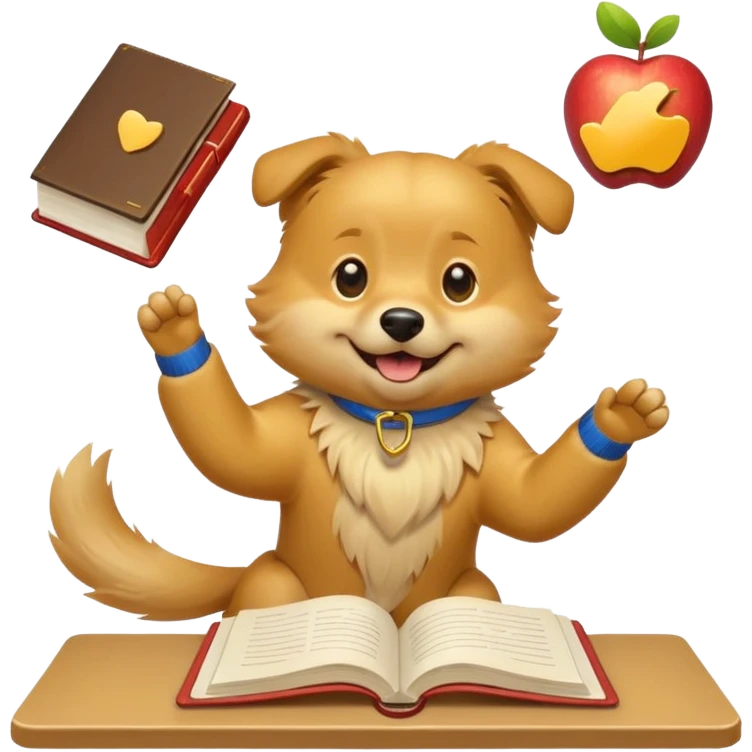 playful dog gleefully tossing homework in the air, apple style emoji emoji