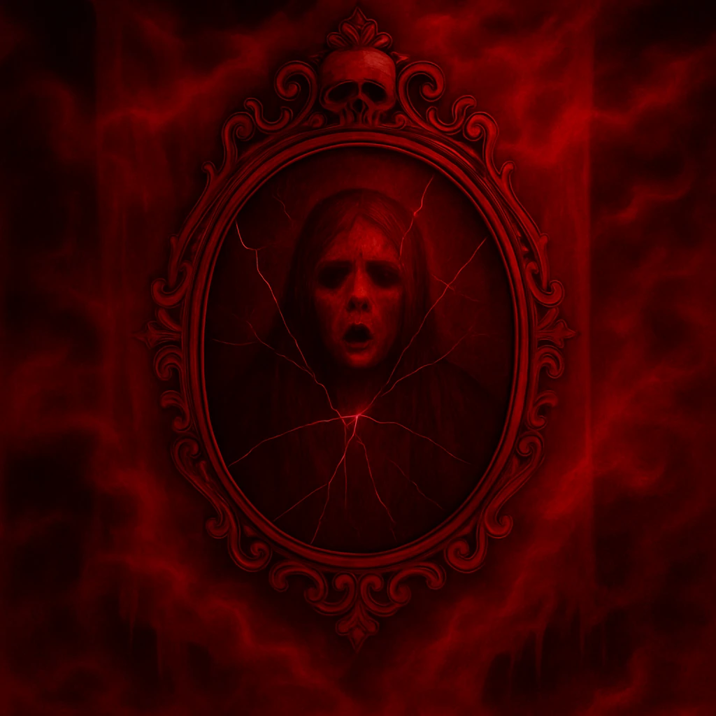 Change the color scheme to red and black with intense red fog and mist, creating an overall red horror palette. Keep all other details unchanged. emoji