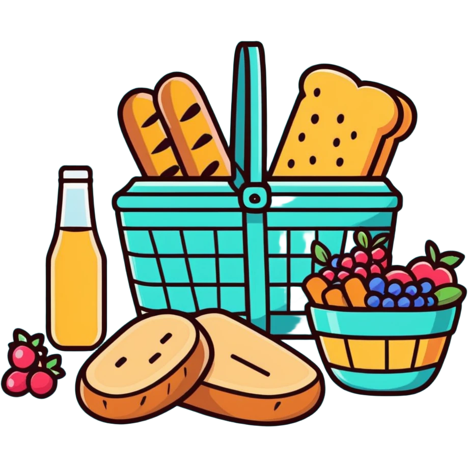 picnic basket with berries, bread, and flowers in warm pastel shades emoji