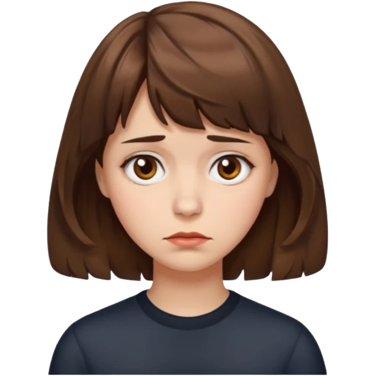 quero que você cria uma mulher, o rosto dela. nela, ela tem cabelo curto e ondulado, tem franja e ela tem semblante triste emoji