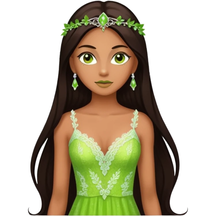enchantress goddess wearing a embellished shimmering light powder white lace and lime green gown with tanned skin and super long straight dark brown hair emoji