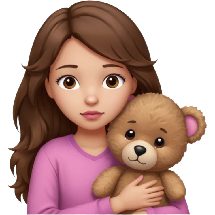 girl with long wavy brown hair, brown eyes, light to medium complexion, in a pink shirt, pink lips, long lashes, sad, hugging a teddy bear with a  heart emoji