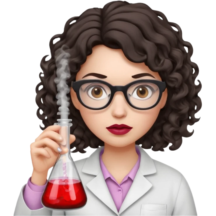 A crazy female scientist, with curly-wavy dark brown medium lenght hair, brown eyes and light grey glasses and pale skin and pinkish lips, dressed to look like an english teacher but in neutral tones like grey black white, maybe with the pop of dark red, she should look slighltly mad/crazy emoji
