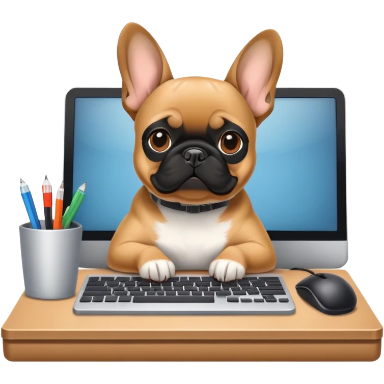 Fawn Frenchie with black muzzle working behind computer emoji