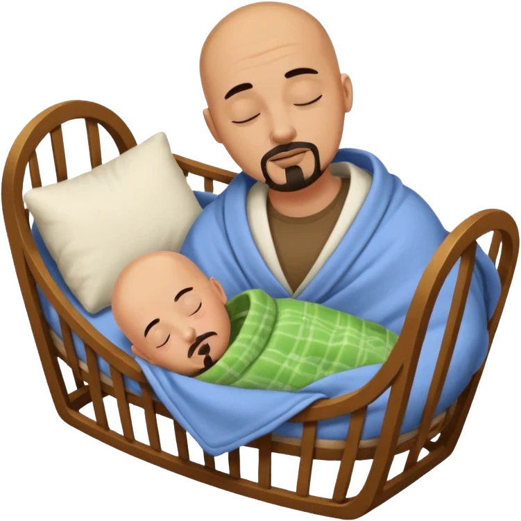 a man who is tan and bald with a black goatee sleeping in a cradle emoji