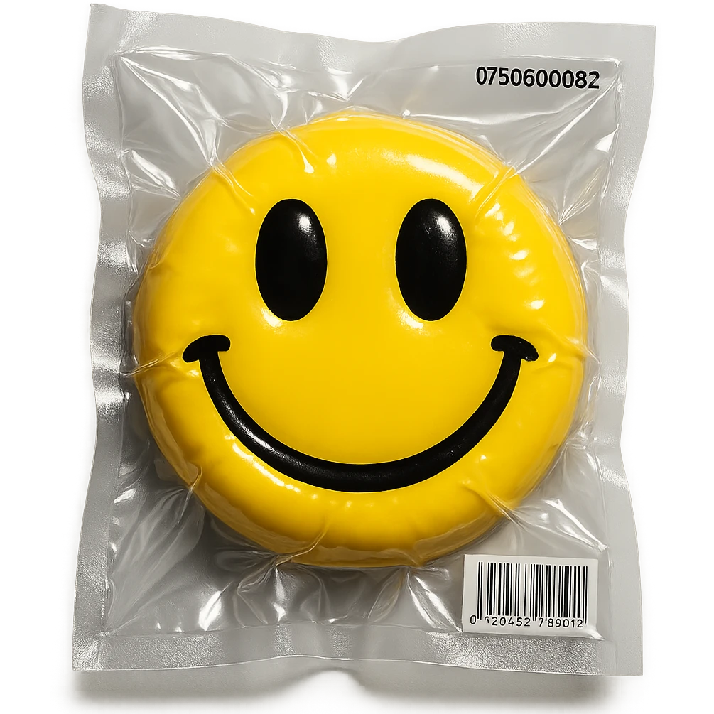 smiley face with shiny and squished look, vacuum-sealed style emoji