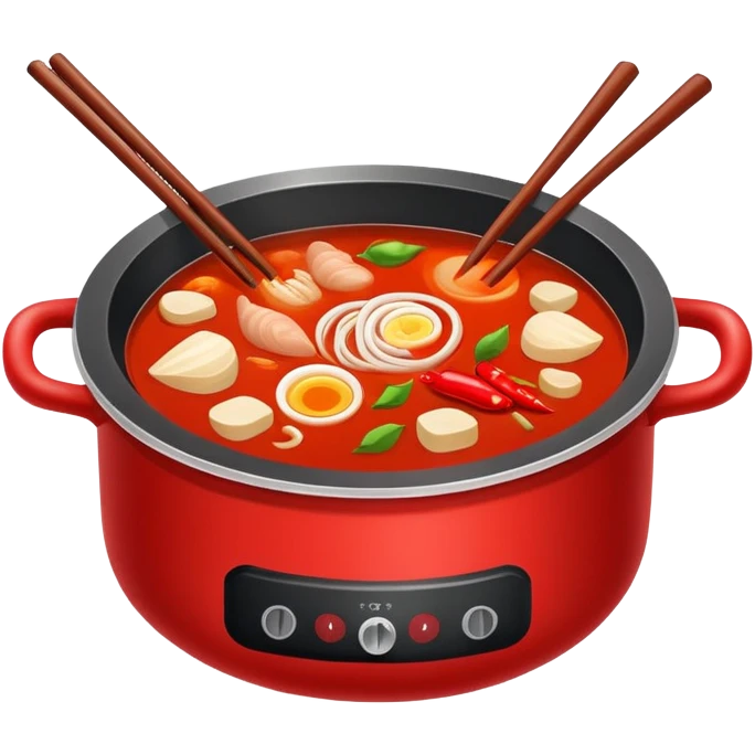 Chongqing hotpot with red spicy broth and ingredients, simplified emoji style with bold outlines and bright colors, cartoon style Chinese hot pot emoji