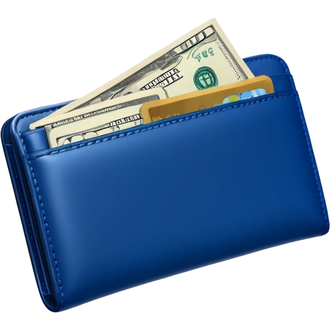 Rich emoji style Deep Blue leather wallet with dollar bills, luxury money vibe, premium 3D emoji, ultra clean, high detail, no background emoji