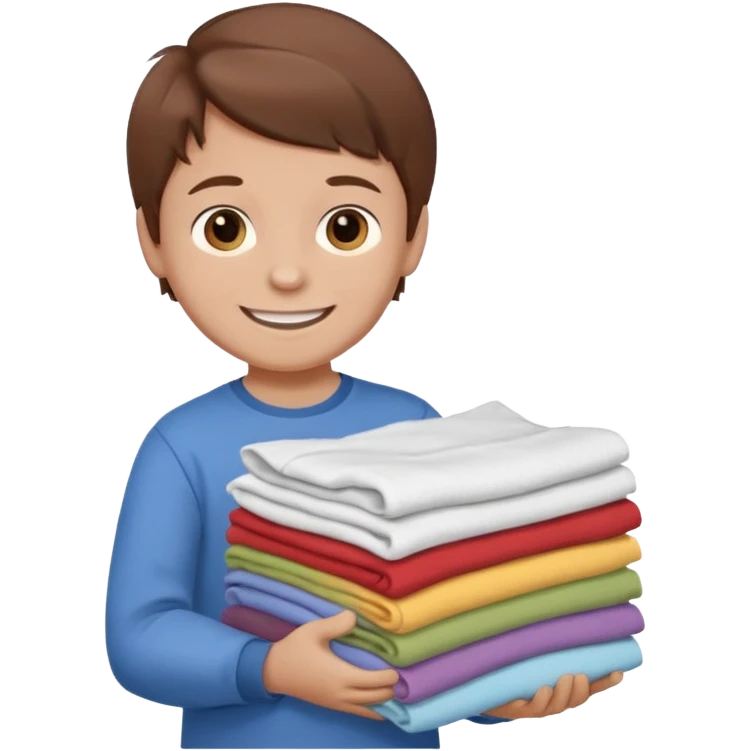 Little boy with brown hair smiling and carrying a stack of clean folded clothes emoji
