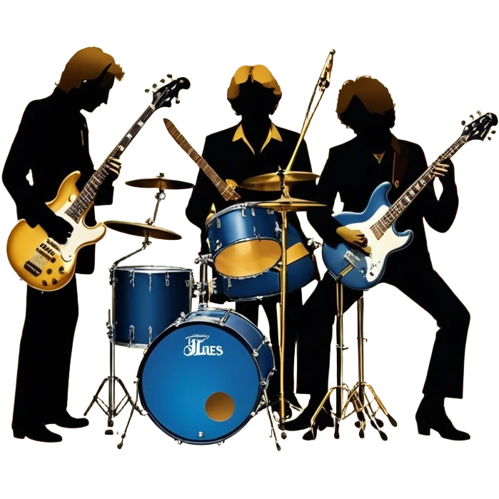 Icon for Blues Rock: collage of the band Cream, with silhouettes of the members (Eric Clapton, Jack Bruce, Ginger Baker) and symbolic items like guitars, drums, and bass. The design should convey the powerful, energetic vibe of the band's music. Transparent background. emoji