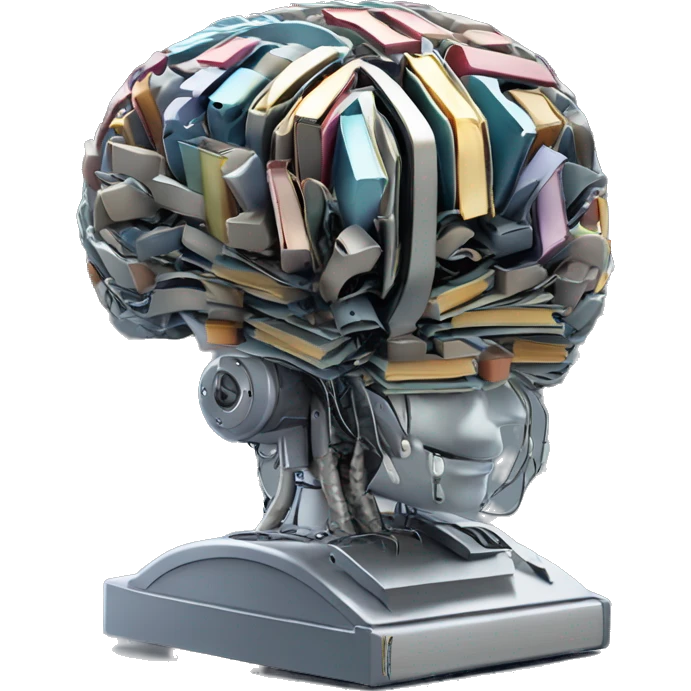 robotic brain with books floating inside the metallic mechanical brain folds emoji