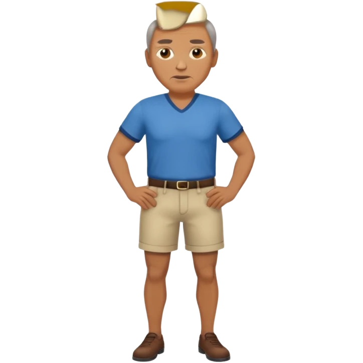 Clothed mature man standing, facing viewer, holding his crotch emoji