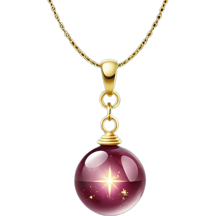 A polished round ball wine granite pendant suspended from a delicate gold chain, like a drop of enchanted starlight, glowing with the warmth of passion and the quiet power of transformation ethereal floating magical moving around... rebirth moving chain emoji