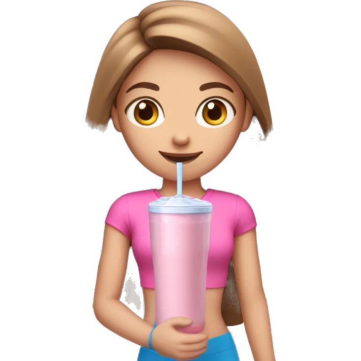 a girl with brown long straightened hair and blue eyes with pink leggings and pink sports top with a protein shake in her hand emoji