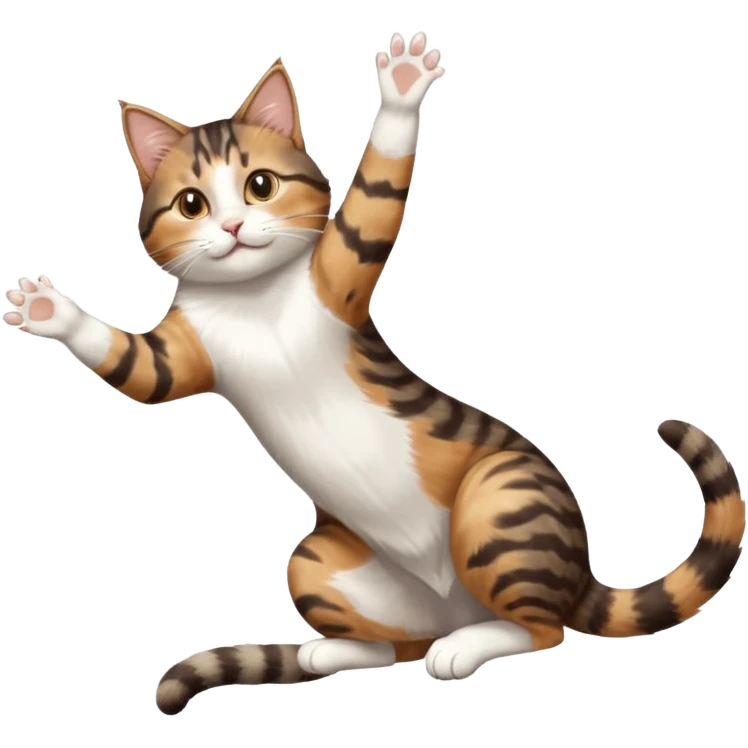 brown tabby and white cat with doing a big extremely long stretch reaching up into the air with arms and legs side by side together straight and overextended whilst lying on its side emoji