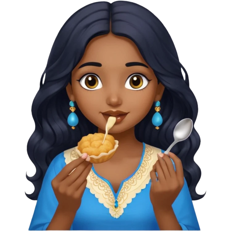 a pretty indian bratz girl with wavy long black hair. eyeliner on, wearing a blue kurti, eating golgappa (without spoon) emoji