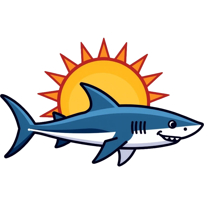 sun shark, a shark with sun rays coming out of it emoji