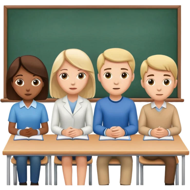 five caucasian people sitting together in classroom learning emoji