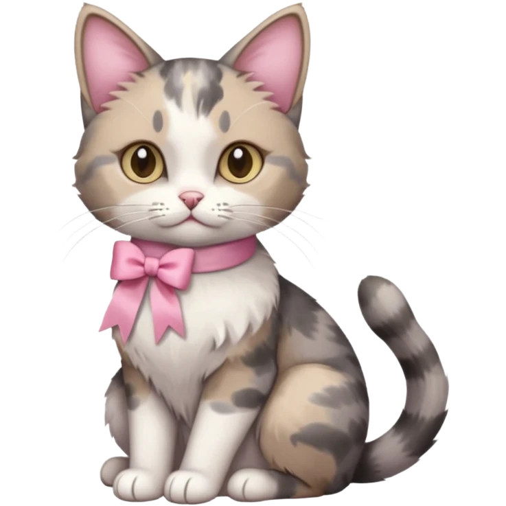 Sitting Dilute grey calico cat with pink ribbon emoji