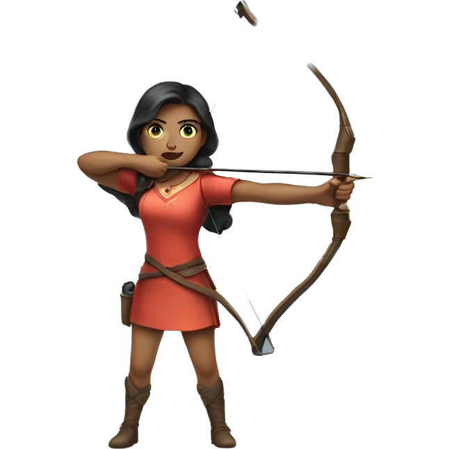 an archer aiming with a bow in her hand but no arrow, dark hair, bright skin, emoji