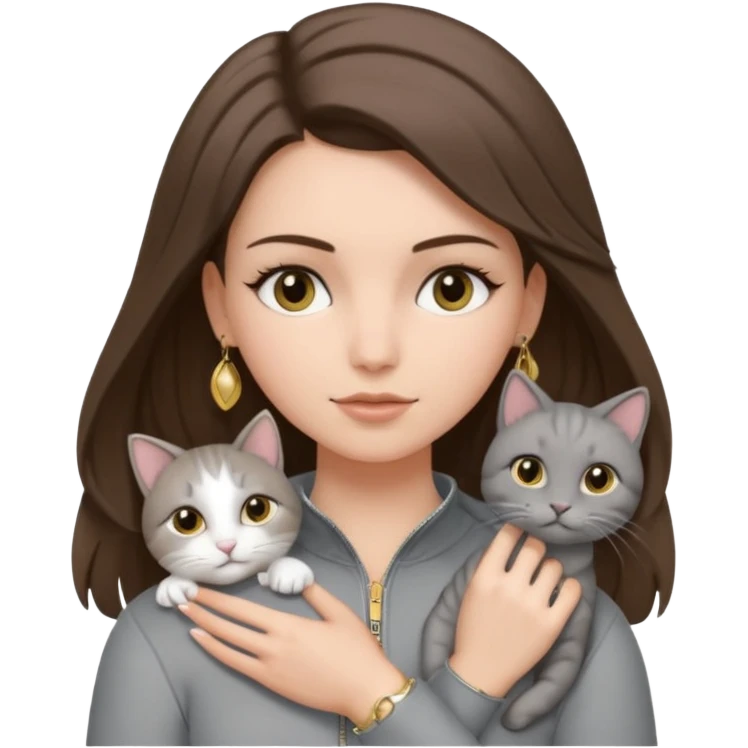 a white girl with brunette hair in brain that is over her shoulder. shes holding a grey cat. the girl has long lashes and has on a grey zip up that is half way zipped  and under a white shirt and gold jewelry that is gold bracelets. emoji