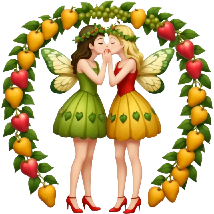 full body two women kissing, fruit vine outfits and moth swarm halo emoji