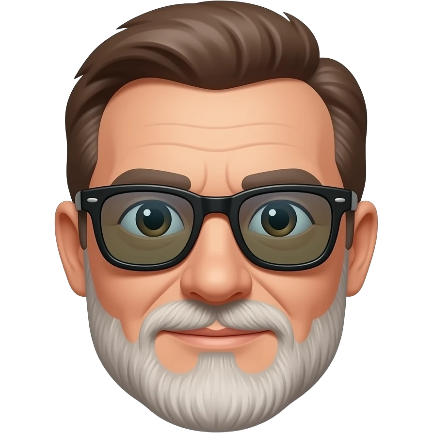 Hombre 60 años pelo marrón con canas gafas de espejo ojos marrones pequeños y barba blanca muy corta emoji