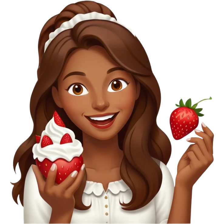 Young woman with long brown hair eating strawberries whipped cream, laughing elegant  emoji