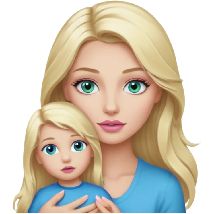 Blonde baddie with long hair Pretty makeup long lashes blue-green eyes ,   light pink lips ,holding 1 little Boy  with blue eyes emoji