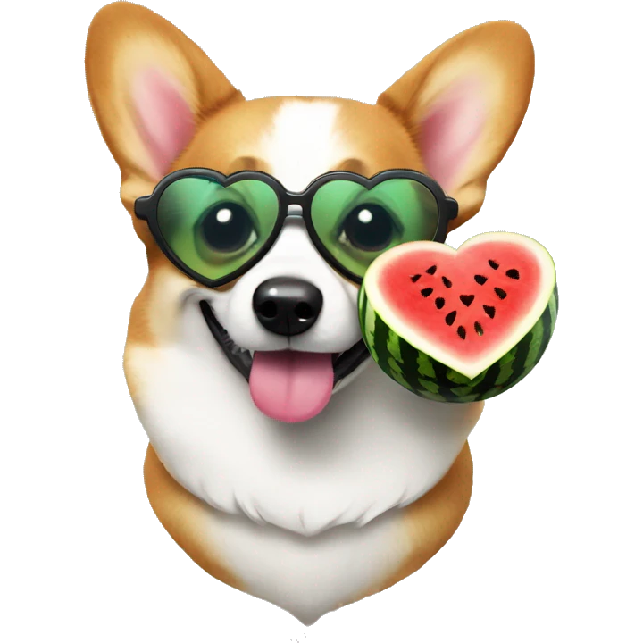 Corgi with heart shaped glasses, eating a watermelon. emoji
