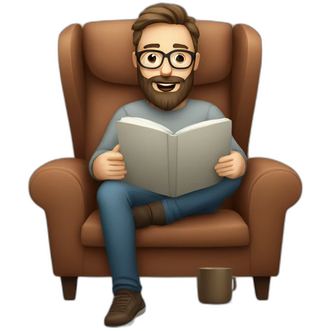 Bearded man, glasses, armchair, Reading at home, drinking a coffee, relax emoji