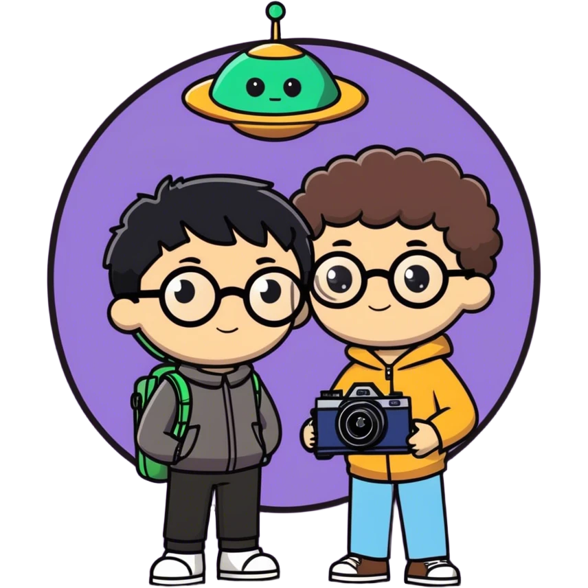 A little boy with straight black medium-length hair, white skin, and black eyes wearing black-framed glasses is taking photos on a UFO with a camera. Beside him, there is an alien and a brown round-headed teddie poodle. emoji