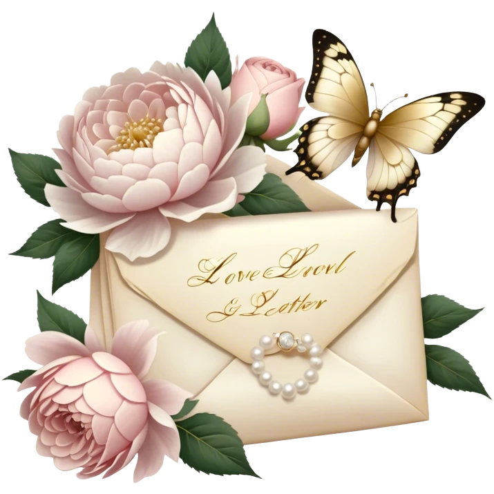 An antique love letter bundle, tied with an ivory silk ribbon, accompanied by dried blush pink roses, white peonies, and dahlias, with a pearl butterfly seemingly admiring the golden calligraphy.
 emoji